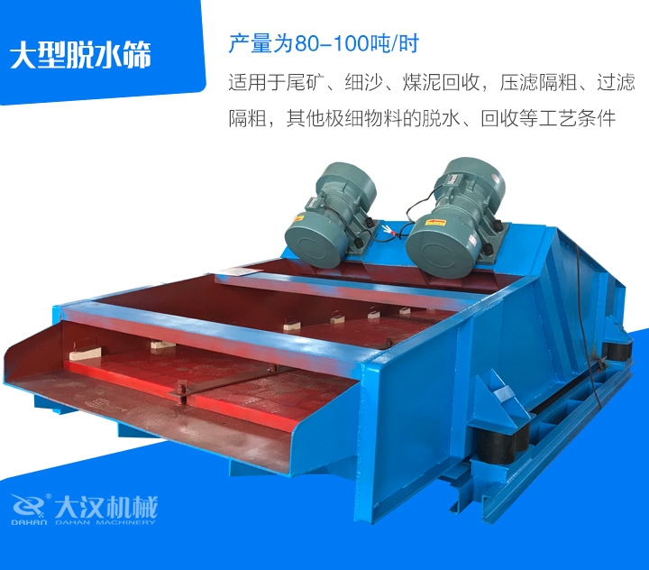 大型脫水篩適用于尾礦、細(xì)沙、煤泥回收，壓濾隔粗、過濾 隔粗，其他極細(xì)物料的脫水、回收等工藝條件