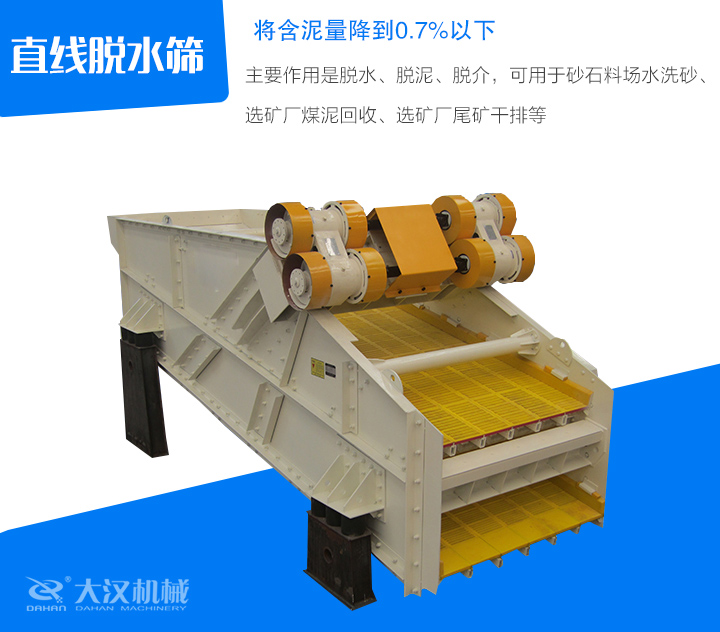 直線脫水篩主要作用是脫水、脫泥、脫介，可用于砂石料場(chǎng)水洗砂、 選礦廠煤泥回收、選礦廠尾礦干排等